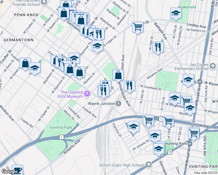 map of restaurants, bars, coffee shops, grocery stores, and more near 110 West Sylvania Street in Philadelphia