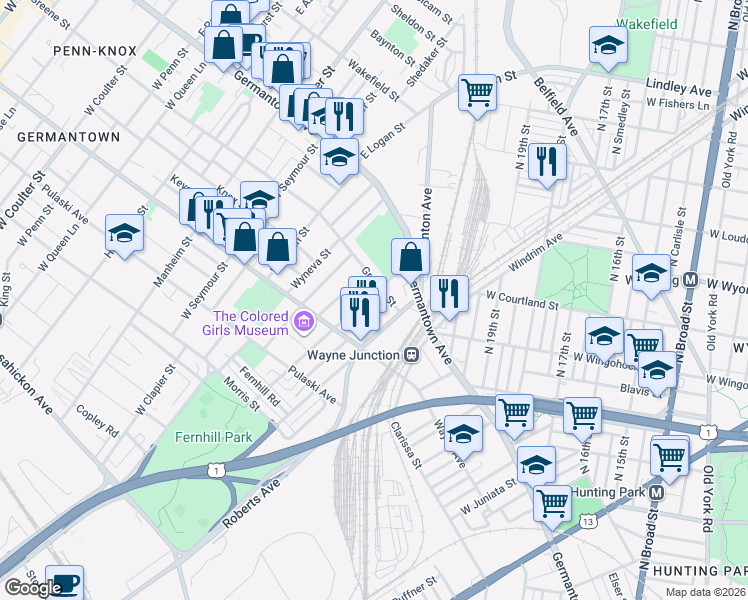 map of restaurants, bars, coffee shops, grocery stores, and more near 110 West Sylvania Street in Philadelphia