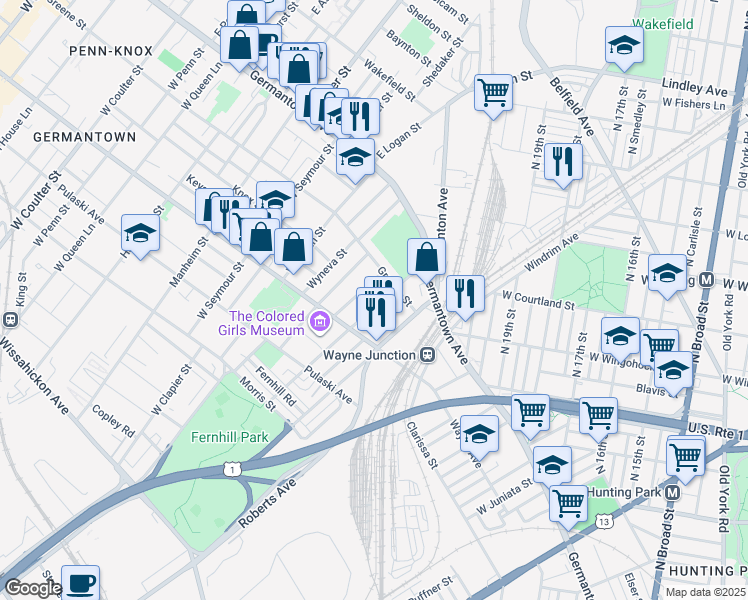 map of restaurants, bars, coffee shops, grocery stores, and more near 110 West Sylvania Street in Philadelphia