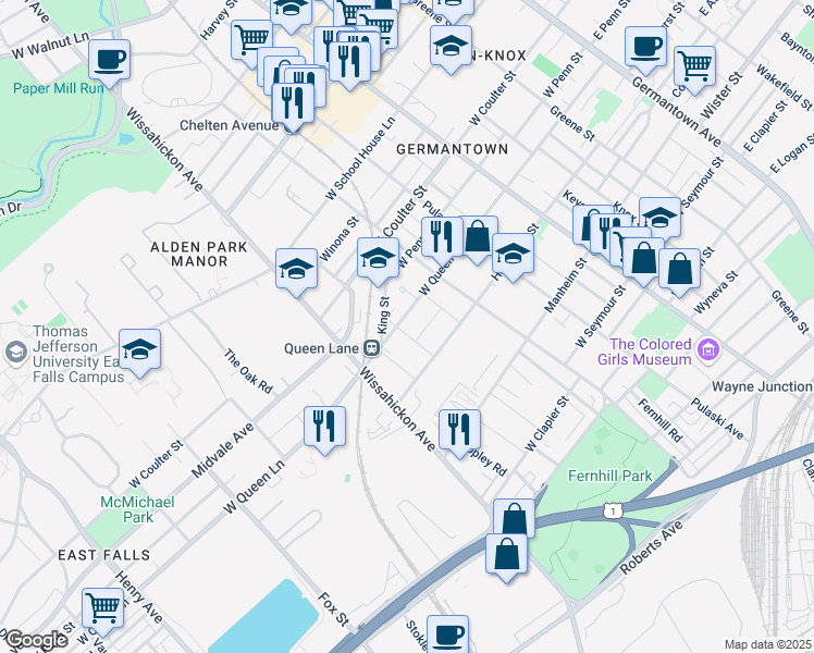 map of restaurants, bars, coffee shops, grocery stores, and more near 5317R Laurens Street in Philadelphia