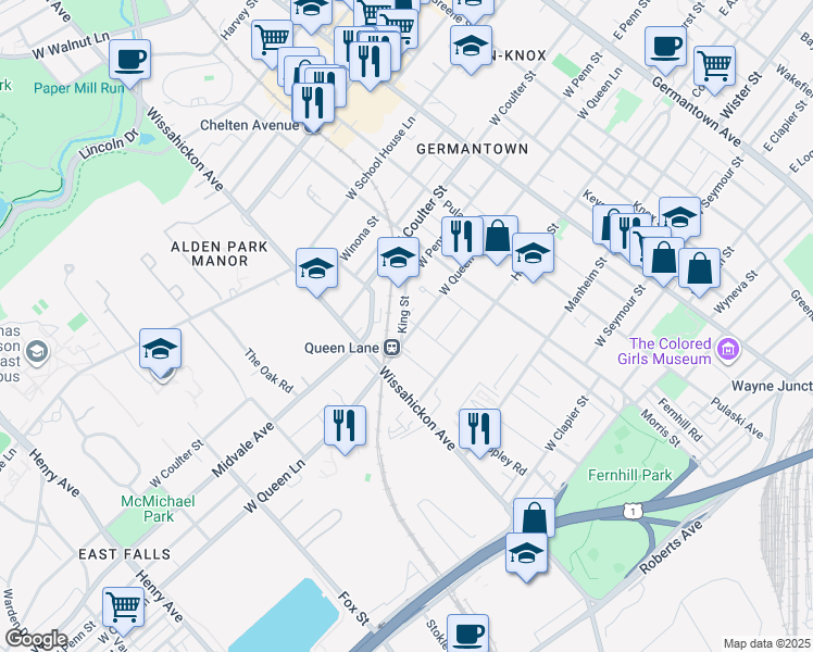 map of restaurants, bars, coffee shops, grocery stores, and more near 5317R Laurens Street in Philadelphia