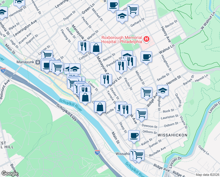 map of restaurants, bars, coffee shops, grocery stores, and more near 210 Shurs Lane in Philadelphia