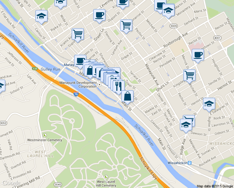 map of restaurants, bars, coffee shops, grocery stores, and more near 4229 Station Street in Philadelphia
