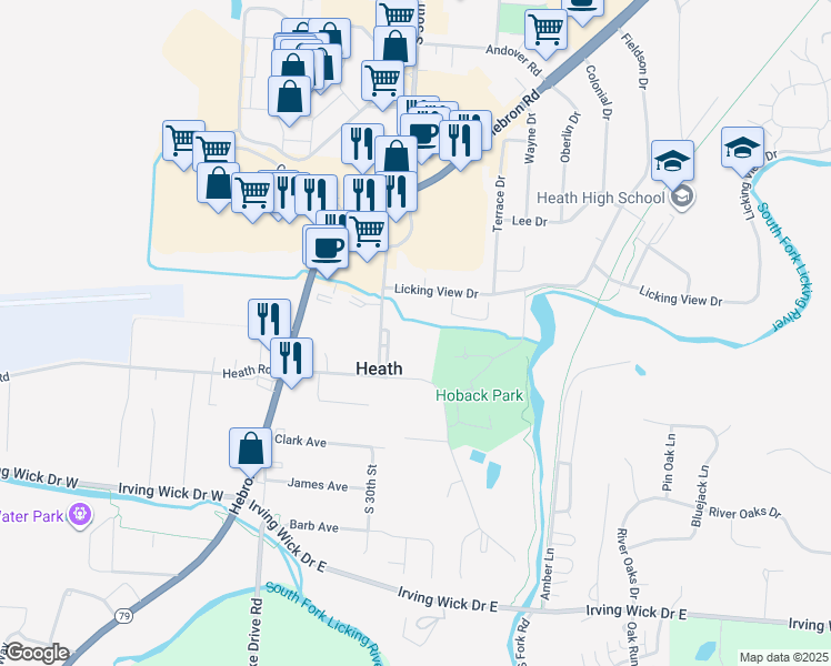 map of restaurants, bars, coffee shops, grocery stores, and more near 31 Licking View Drive in Heath