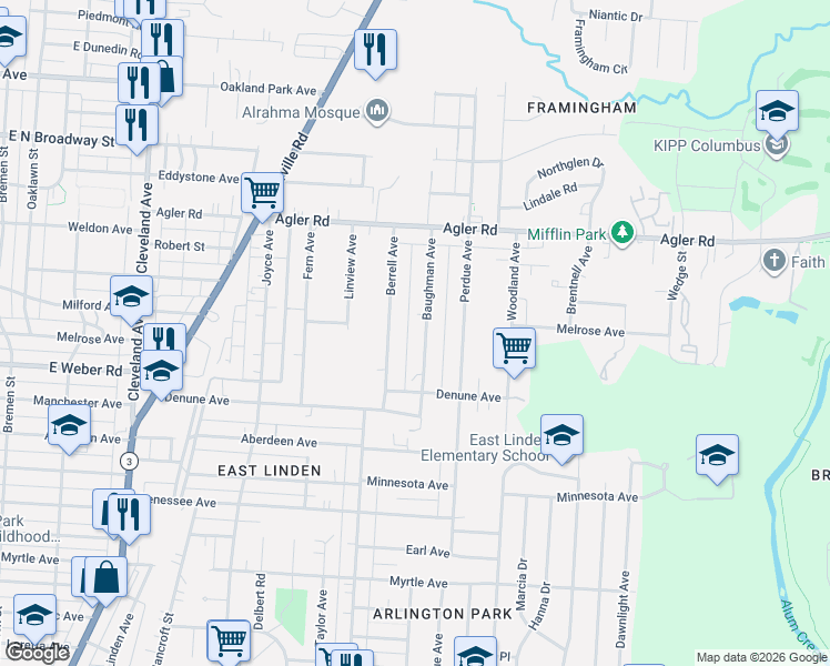 map of restaurants, bars, coffee shops, grocery stores, and more near 2746 Berrell Avenue in Columbus