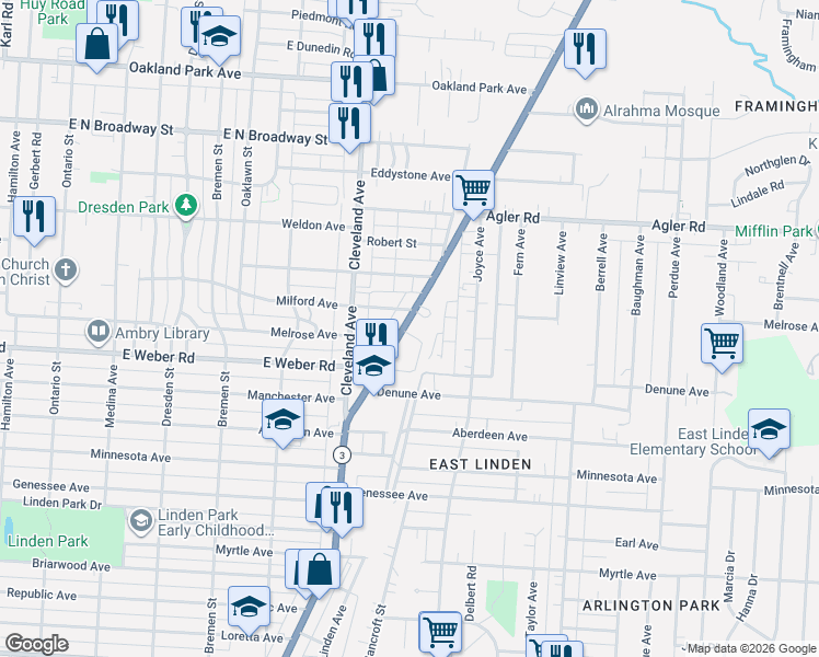 map of restaurants, bars, coffee shops, grocery stores, and more near 2782 Columbus-Wooster Road in Columbus