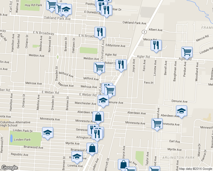 map of restaurants, bars, coffee shops, grocery stores, and more near 1801 Milford Avenue in Columbus
