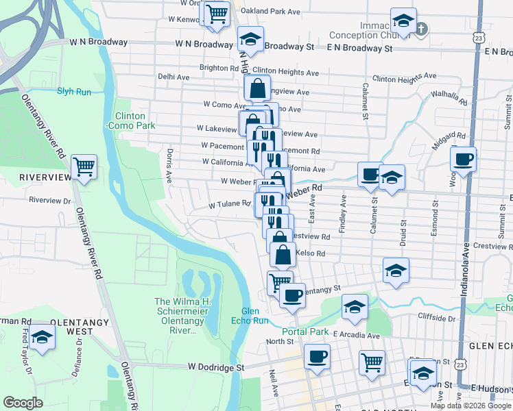 map of restaurants, bars, coffee shops, grocery stores, and more near 16 West Tulane Road in Columbus