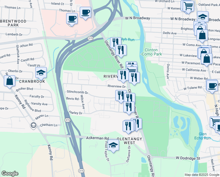 map of restaurants, bars, coffee shops, grocery stores, and more near 606 Riverview Drive in Columbus