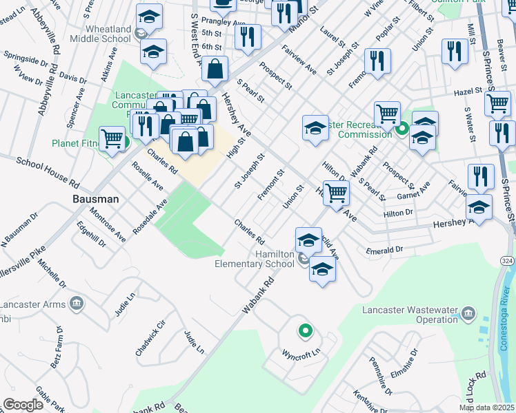 map of restaurants, bars, coffee shops, grocery stores, and more near 1234 Fremont Street in Lancaster