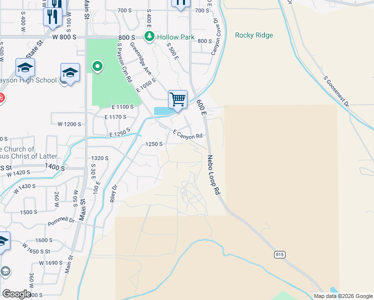 map of restaurants, bars, coffee shops, grocery stores, and more near 582 East 1250 South Street in Payson