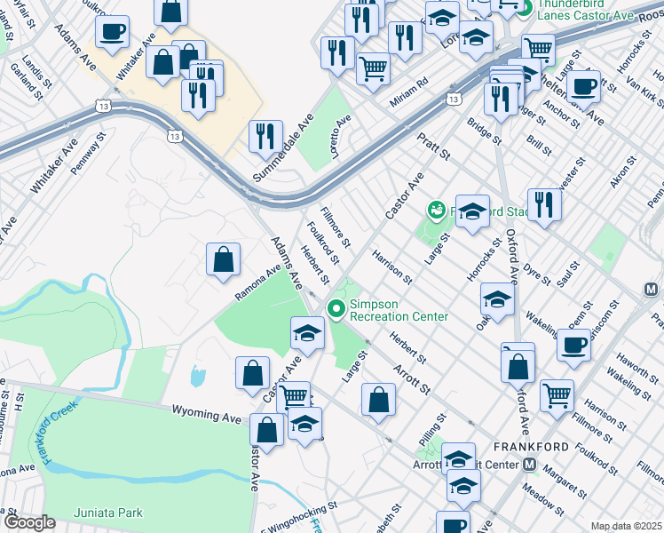 map of restaurants, bars, coffee shops, grocery stores, and more near 960 Foulkrod Street in Philadelphia