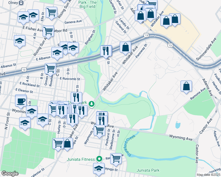 map of restaurants, bars, coffee shops, grocery stores, and more near 4958 Pennway Street in Philadelphia