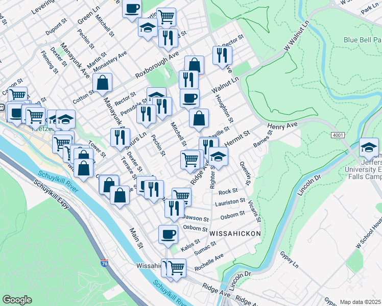 map of restaurants, bars, coffee shops, grocery stores, and more near 447 Seville Street in Philadelphia