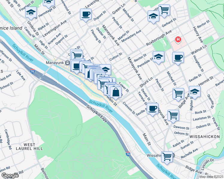 map of restaurants, bars, coffee shops, grocery stores, and more near 4155 Cresson Street in Philadelphia