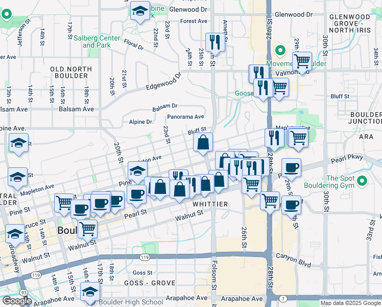map of restaurants, bars, coffee shops, grocery stores, and more near 2290 24th Street in Boulder