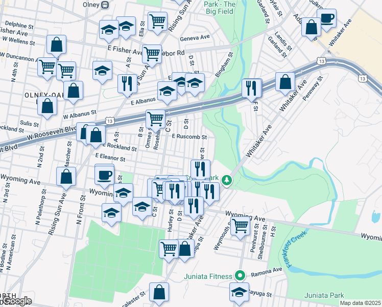 map of restaurants, bars, coffee shops, grocery stores, and more near 4912 Gransback Street in Philadelphia