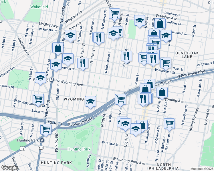 map of restaurants, bars, coffee shops, grocery stores, and more near 907 West Wyoming Avenue in Philadelphia