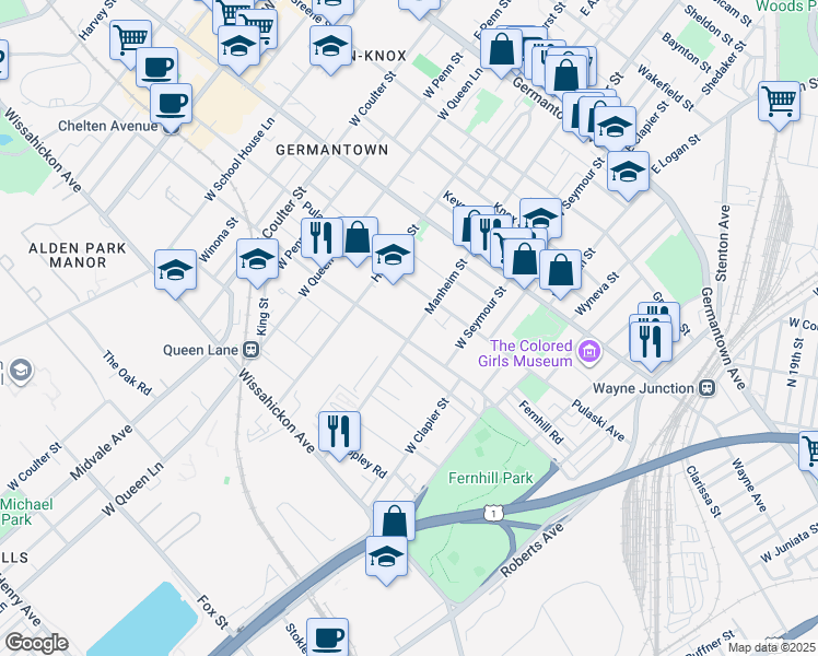 map of restaurants, bars, coffee shops, grocery stores, and more near 325 Manheim Street in Philadelphia