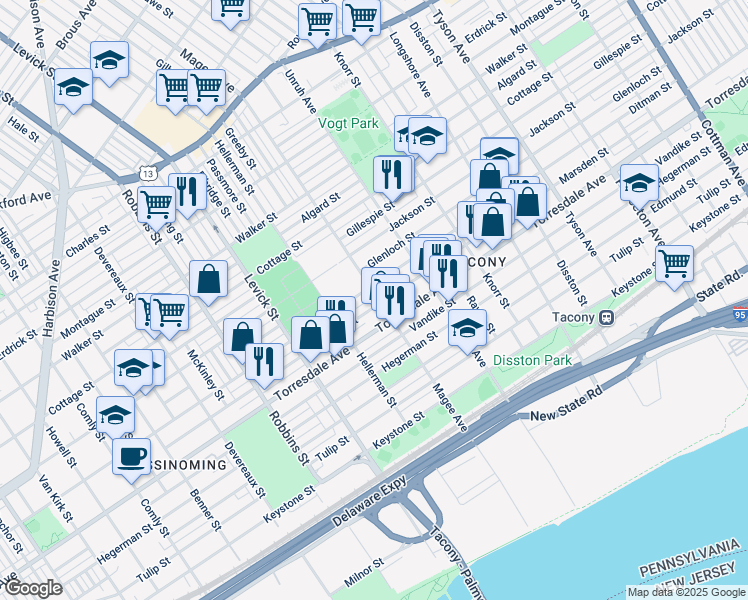 map of restaurants, bars, coffee shops, grocery stores, and more near 4616 Magee Avenue in Philadelphia