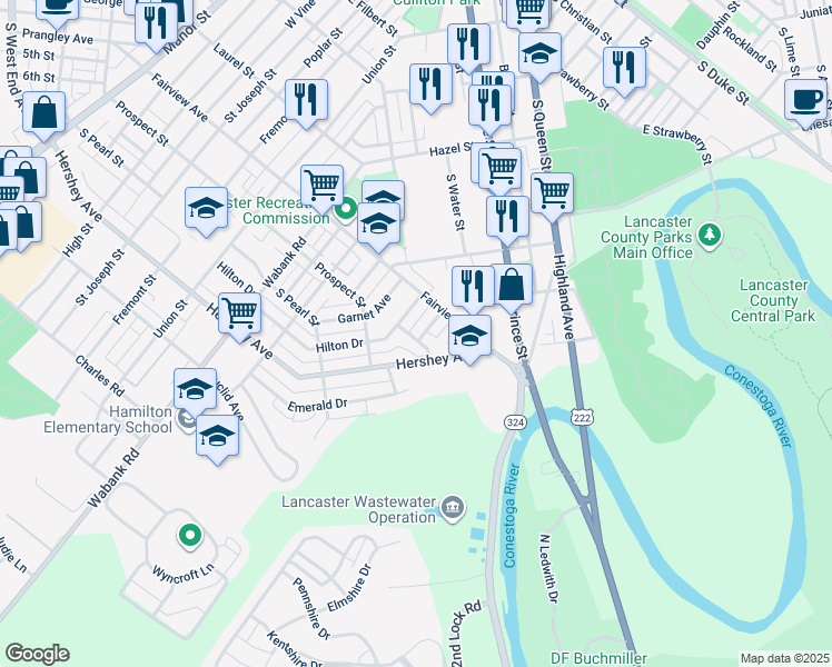 map of restaurants, bars, coffee shops, grocery stores, and more near 831 Marjory Terrace in Lancaster