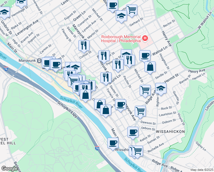 map of restaurants, bars, coffee shops, grocery stores, and more near 3989 Terrace Street in Philadelphia