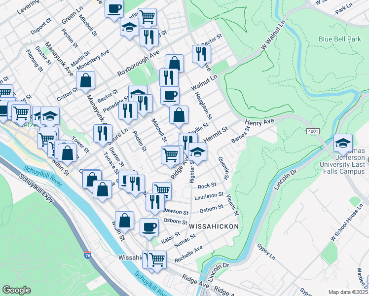 map of restaurants, bars, coffee shops, grocery stores, and more near 5504 Ridge Avenue in Philadelphia