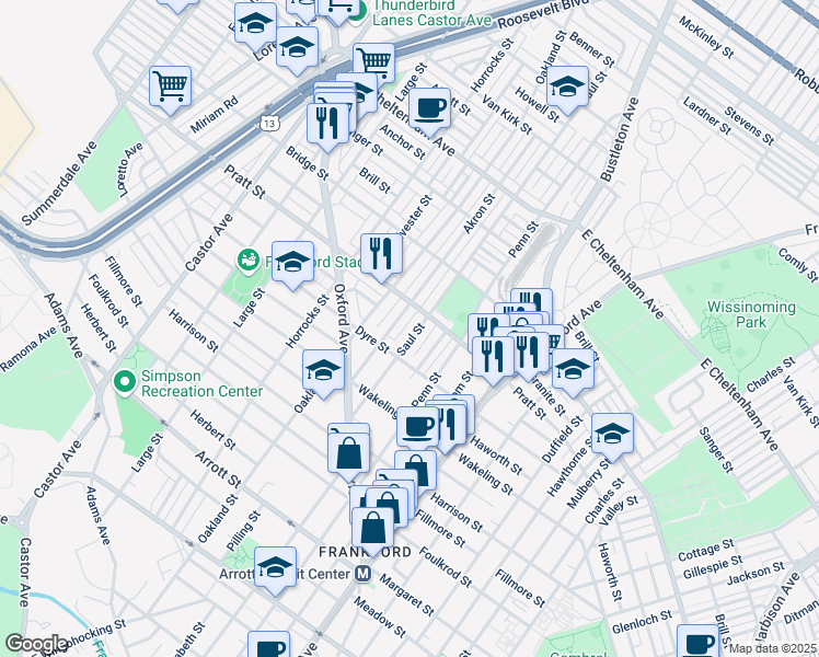 map of restaurants, bars, coffee shops, grocery stores, and more near 5140 Saul Street in Philadelphia