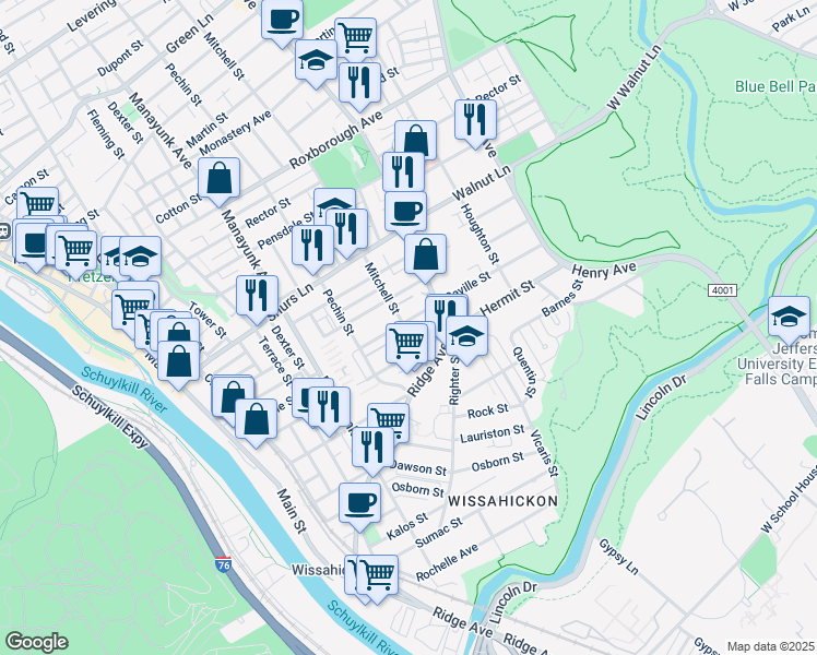 map of restaurants, bars, coffee shops, grocery stores, and more near 447 Seville Street in Philadelphia