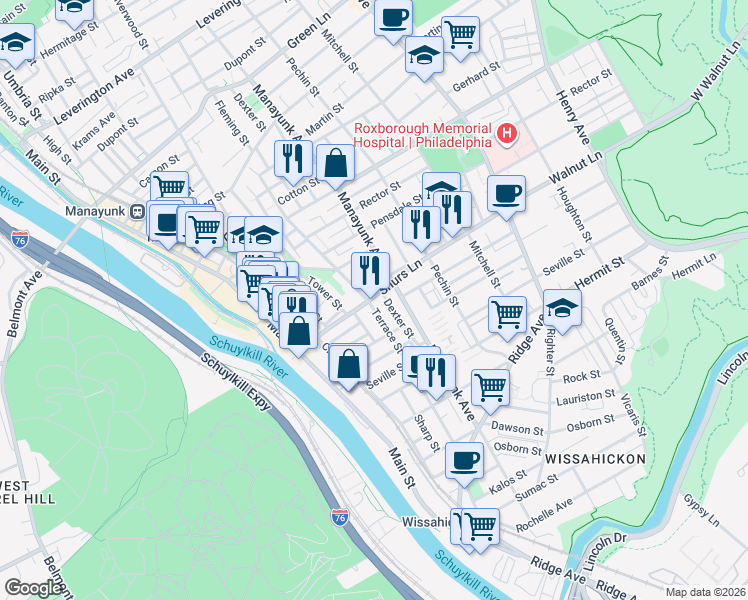 map of restaurants, bars, coffee shops, grocery stores, and more near 3989 Terrace Street in Philadelphia