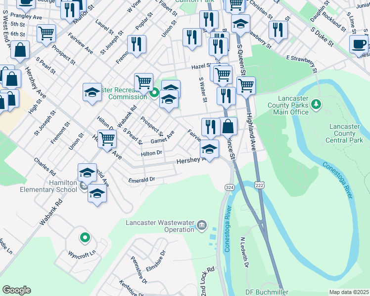map of restaurants, bars, coffee shops, grocery stores, and more near 831 Marjory Terrace in Lancaster