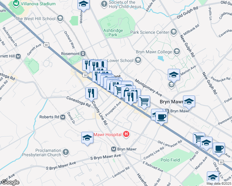 map of restaurants, bars, coffee shops, grocery stores, and more near 4 North Warner Avenue in Bryn Mawr