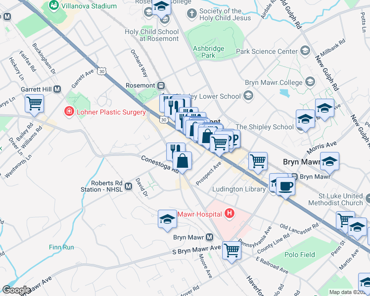 map of restaurants, bars, coffee shops, grocery stores, and more near 1070 Reese Avenue in Bryn Mawr