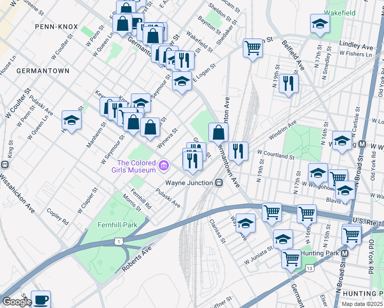 map of restaurants, bars, coffee shops, grocery stores, and more near 110 West Sylvania Street in Philadelphia