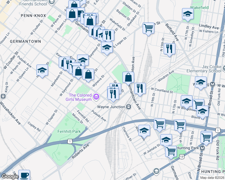 map of restaurants, bars, coffee shops, grocery stores, and more near 110 West Sylvania Street in Philadelphia