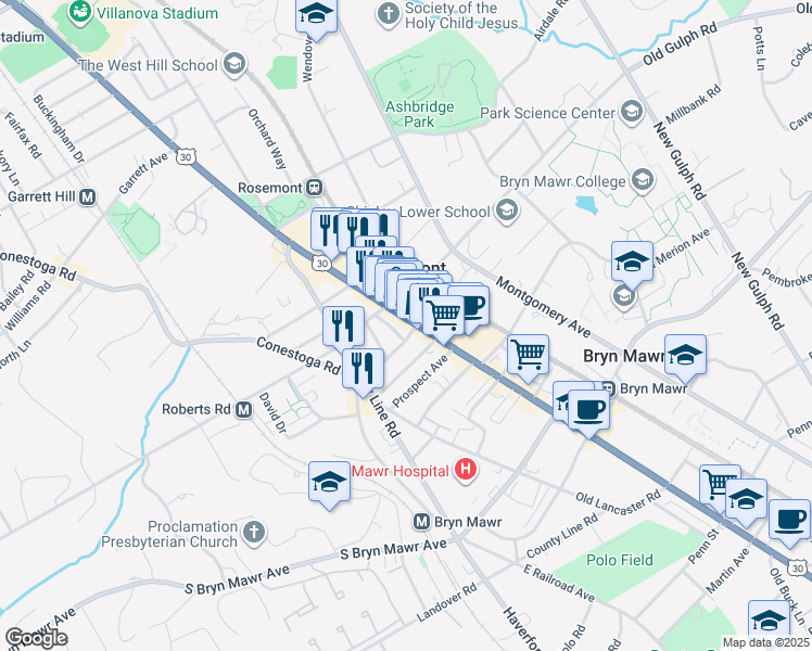 map of restaurants, bars, coffee shops, grocery stores, and more near in Bryn Mawr