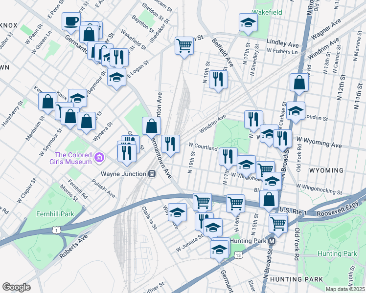map of restaurants, bars, coffee shops, grocery stores, and more near 4558 North Uber Street in Philadelphia
