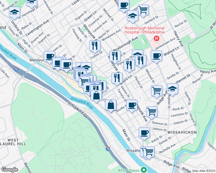 map of restaurants, bars, coffee shops, grocery stores, and more near 4125 Tower Street in Philadelphia