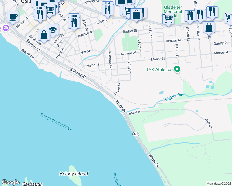 map of restaurants, bars, coffee shops, grocery stores, and more near 920 Plane Street in Columbia