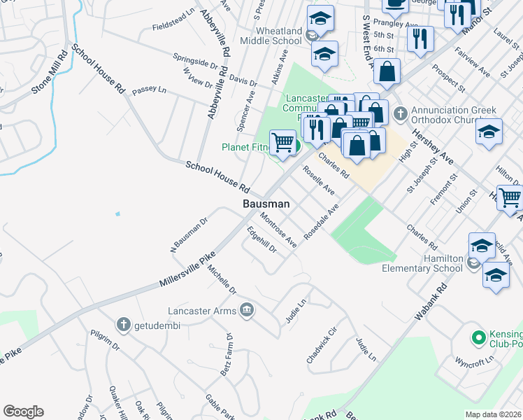 map of restaurants, bars, coffee shops, grocery stores, and more near in Bausman
