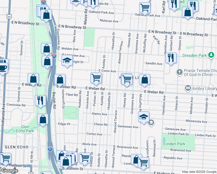 map of restaurants, bars, coffee shops, grocery stores, and more near 2894 Hiawatha Street in Columbus