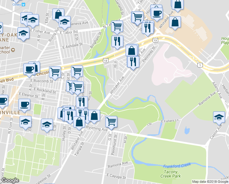 map of restaurants, bars, coffee shops, grocery stores, and more near 4947 Whitaker Avenue in Philadelphia