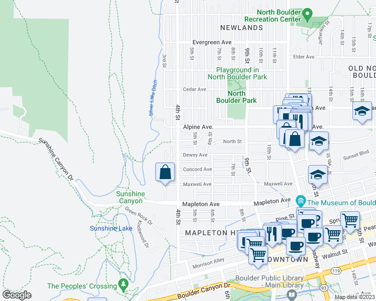 map of restaurants, bars, coffee shops, grocery stores, and more near 433 Dewey Avenue in Boulder