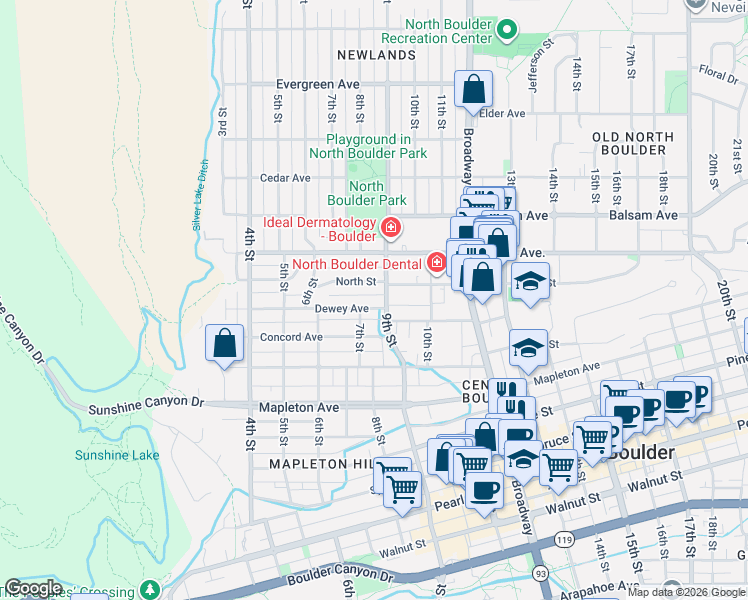 map of restaurants, bars, coffee shops, grocery stores, and more near 752 North Street in Boulder