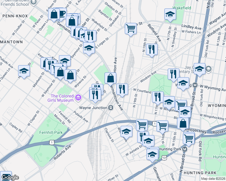 map of restaurants, bars, coffee shops, grocery stores, and more near Germantown Ave & Berkley St in Philadelphia