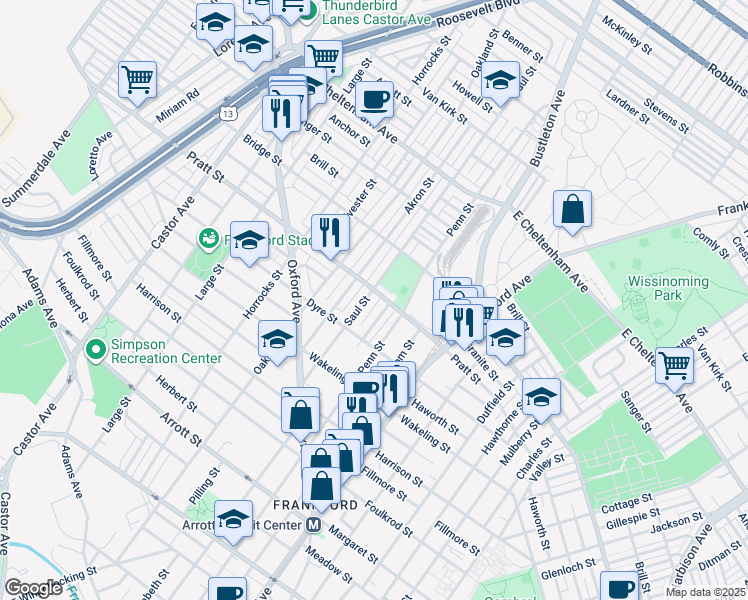 map of restaurants, bars, coffee shops, grocery stores, and more near 5159 Saul Street in Philadelphia