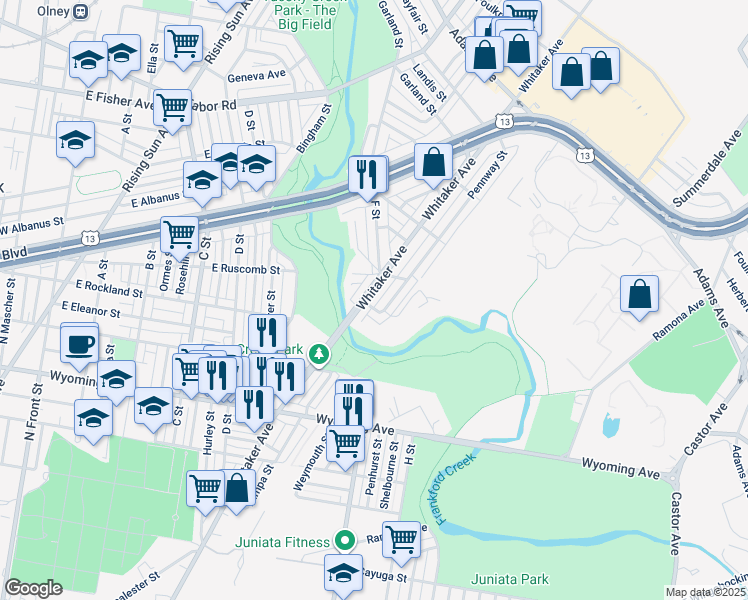map of restaurants, bars, coffee shops, grocery stores, and more near 4947 Whitaker Avenue in Philadelphia