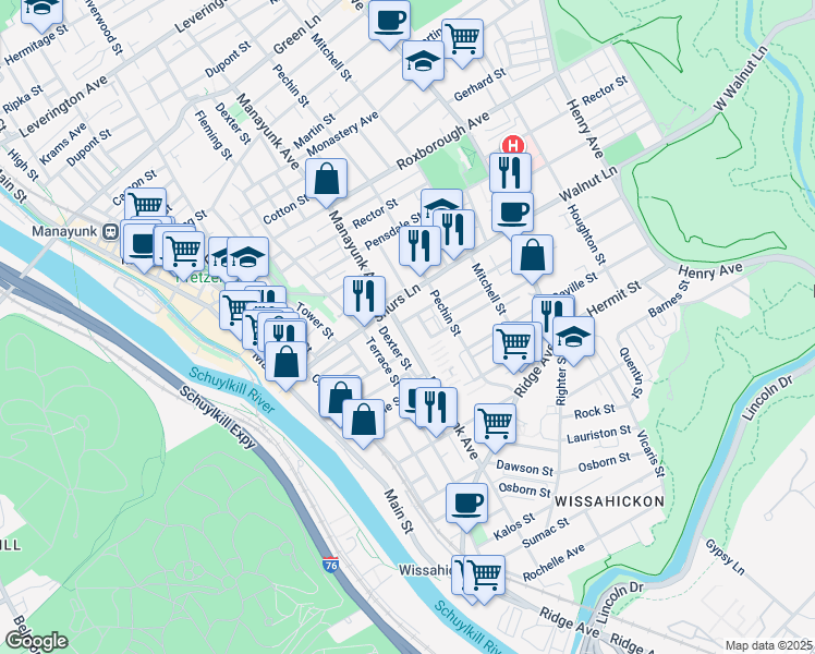 map of restaurants, bars, coffee shops, grocery stores, and more near 4073 Manayunk Avenue in Philadelphia