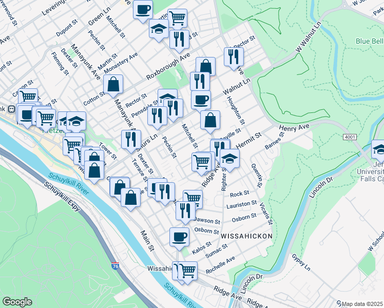 map of restaurants, bars, coffee shops, grocery stores, and more near 432 Seville Street in Philadelphia