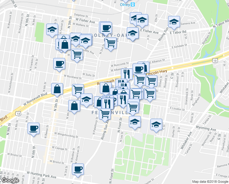 map of restaurants, bars, coffee shops, grocery stores, and more near 4827 North Mascher Street in Philadelphia